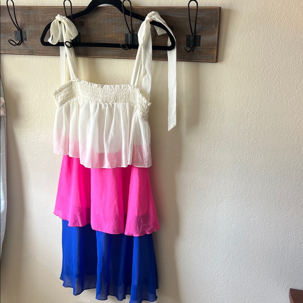 Boutique Tiered Tie-Shoulder Sundress in White, Hot Pink & Royal Blue